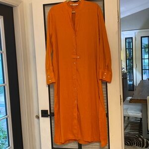 NWOT Zara Maxi Dress Orange Mandarin Collar Button Front